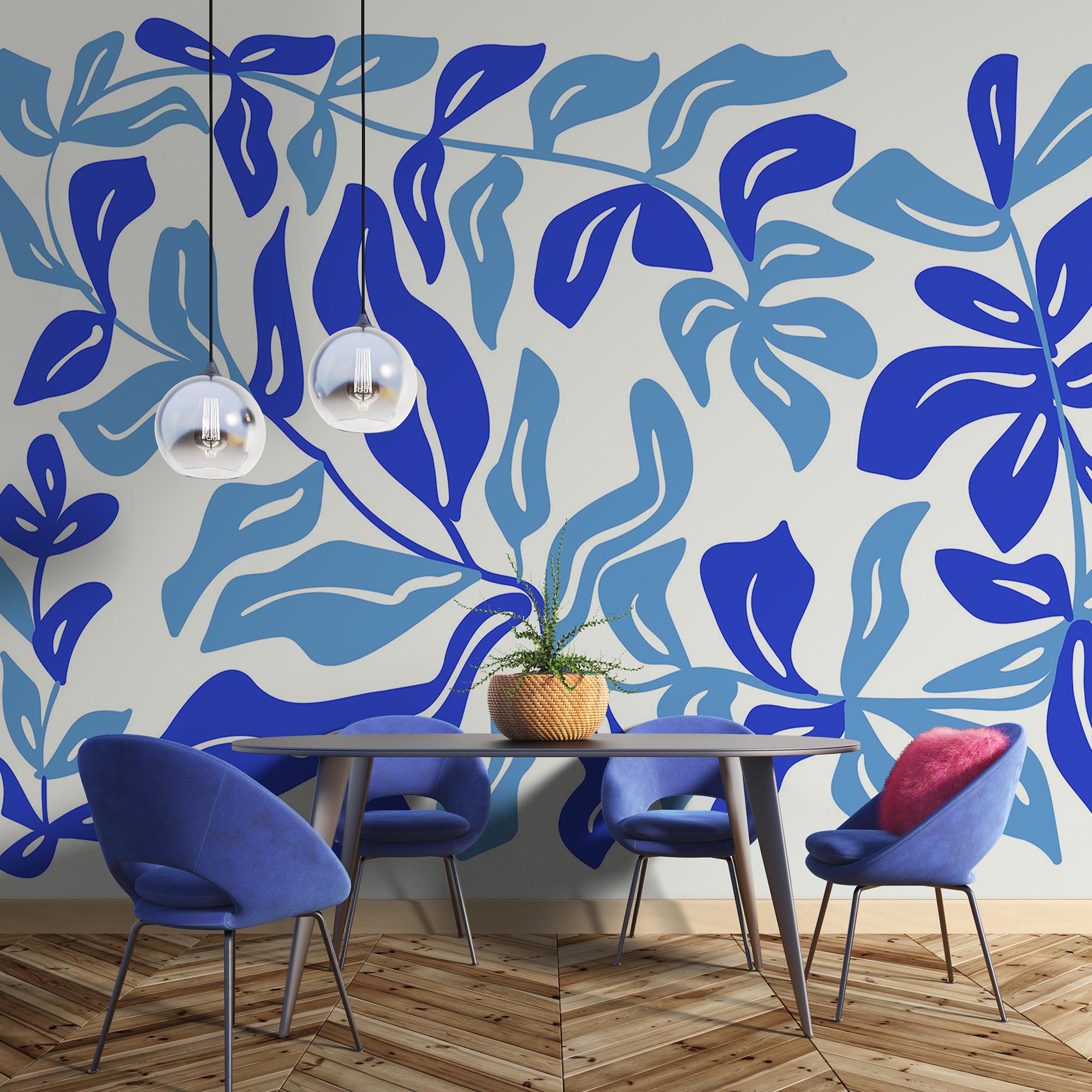 Blue and white drawing of leaves