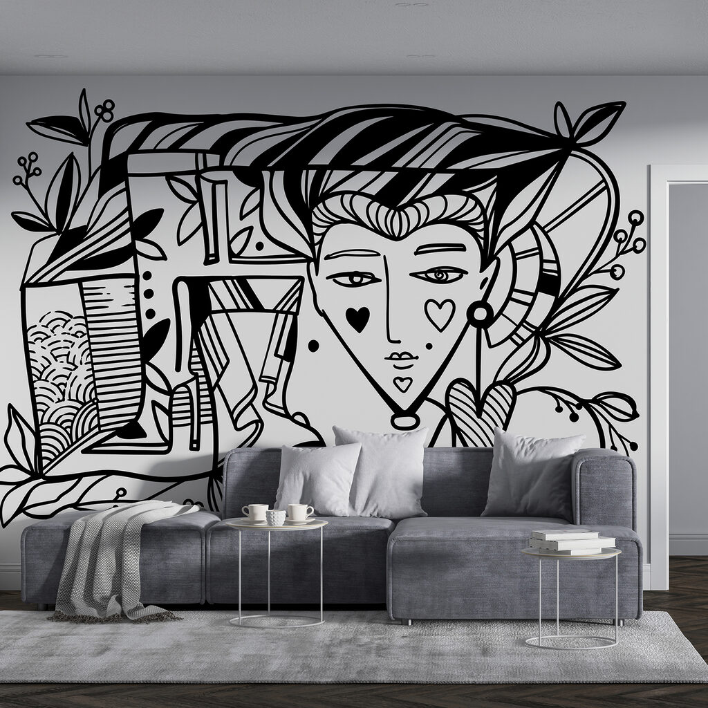 Black and white drawing of a person’s face