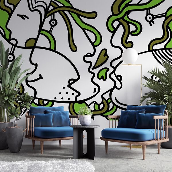 Wall murals Faces intertwined with vibrant shapes Wall murals Faces intertwined with vibrant shapes