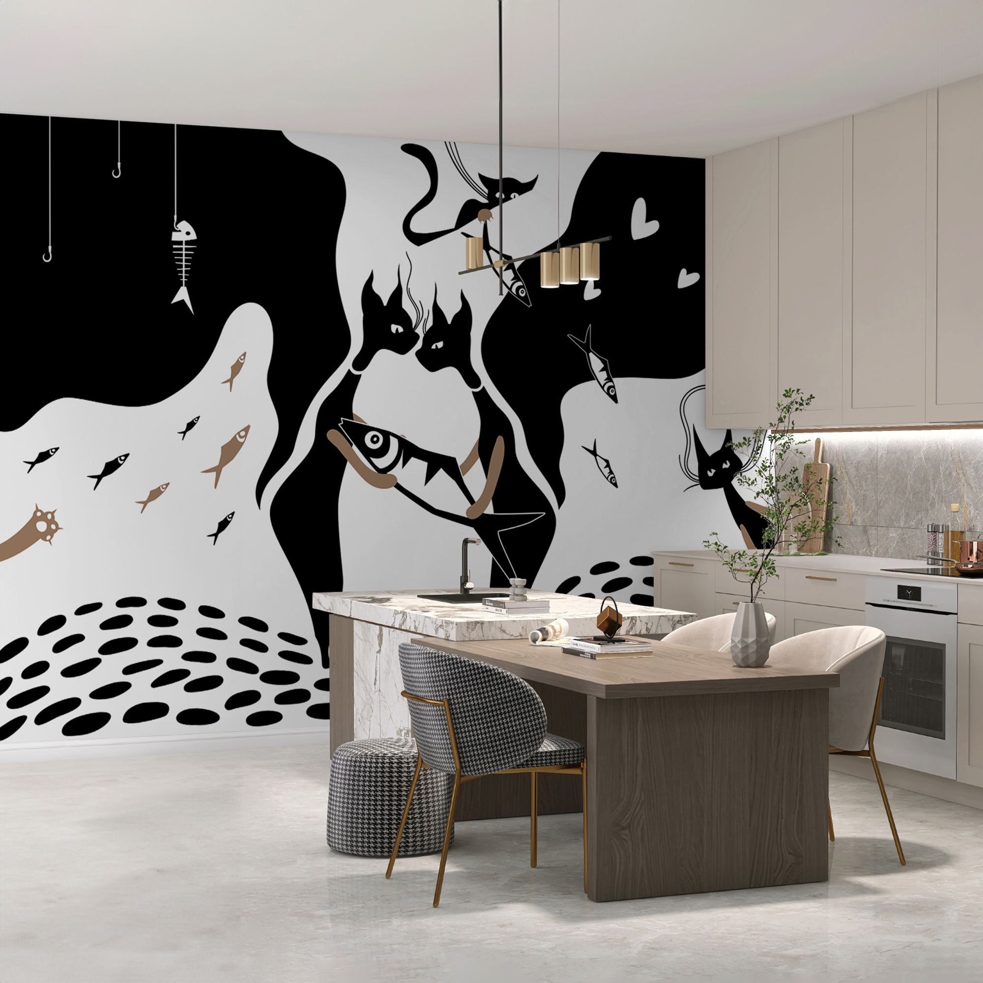 Black and white cat with fish and fish