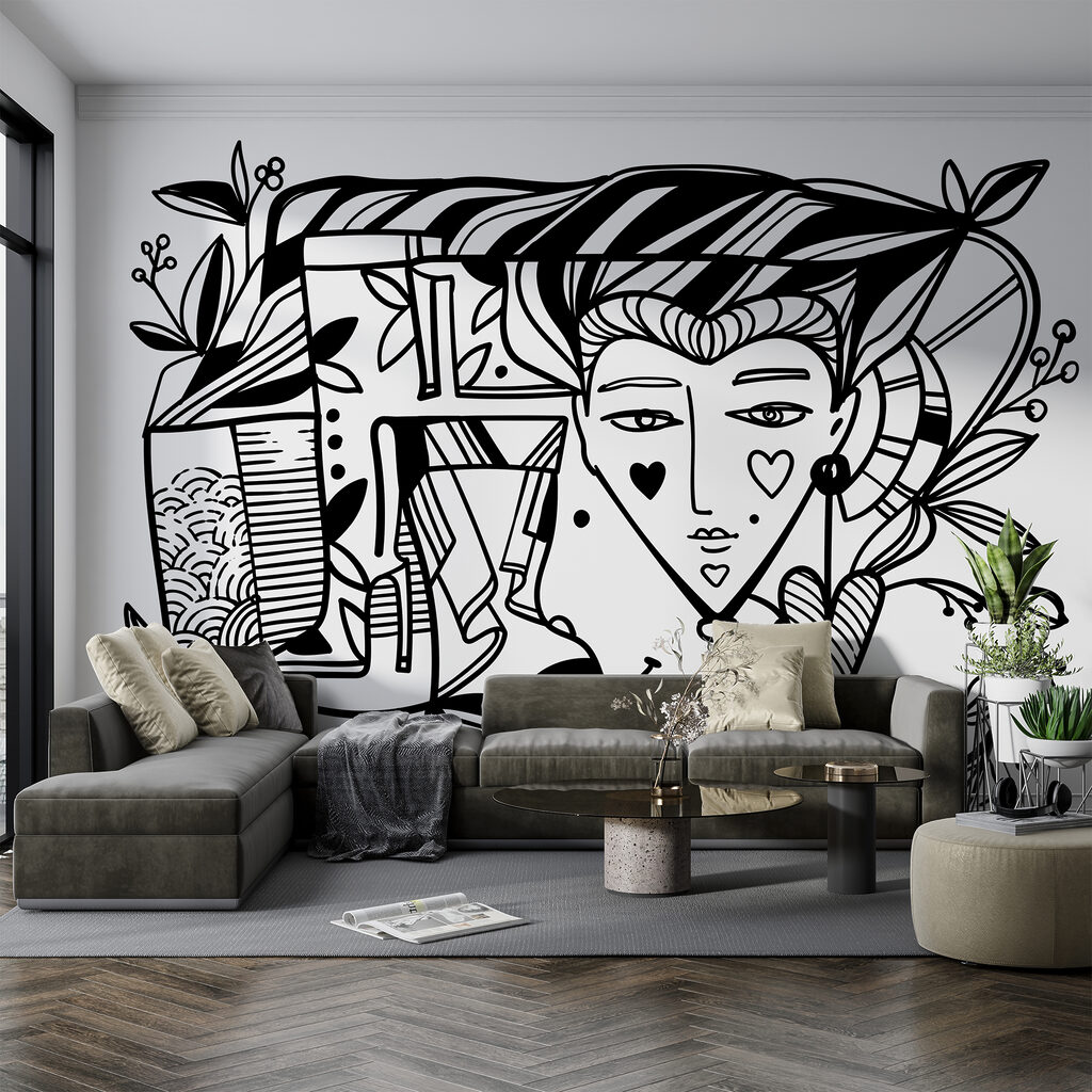 Black and white drawing of a person’s face