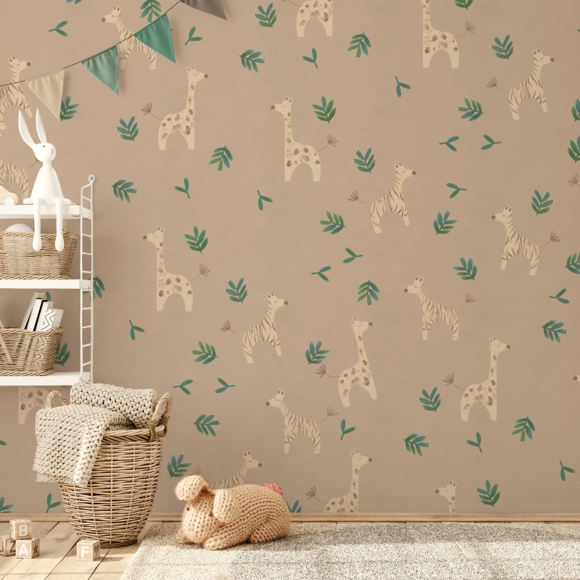 Pattern of giraffes and leaves