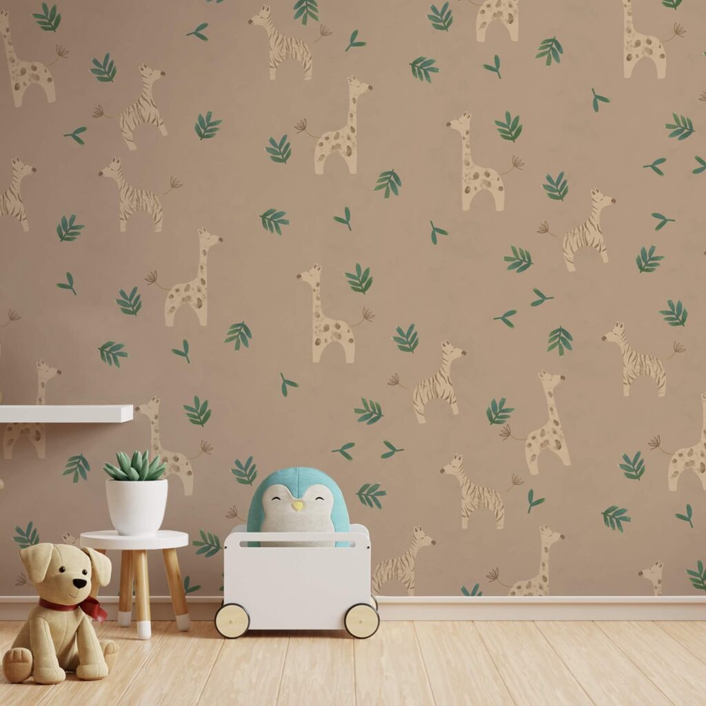 Pattern of giraffes and leaves