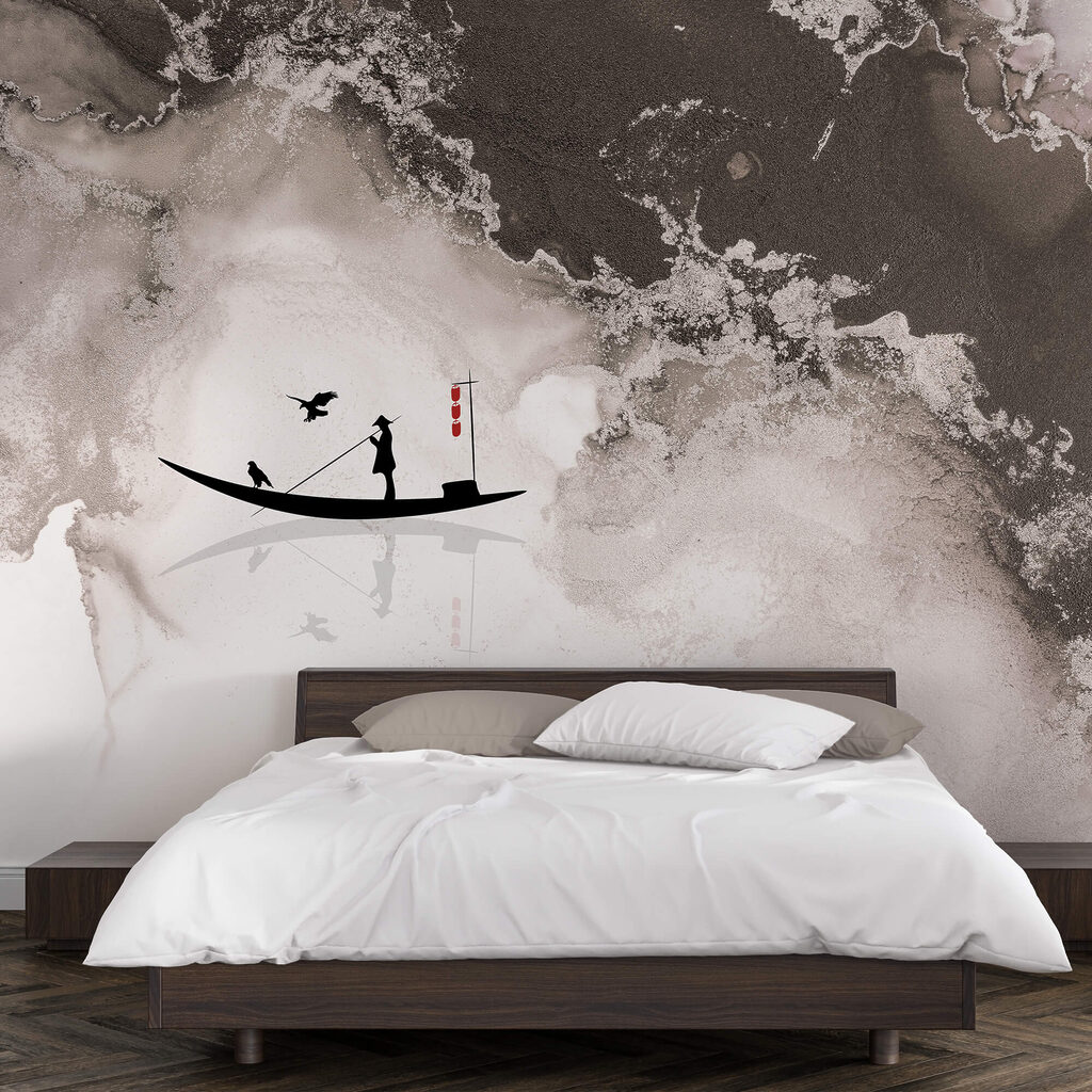 Silhouette of a man on a boat with a bird on it Silhouette of a man on a boat with a bird on it