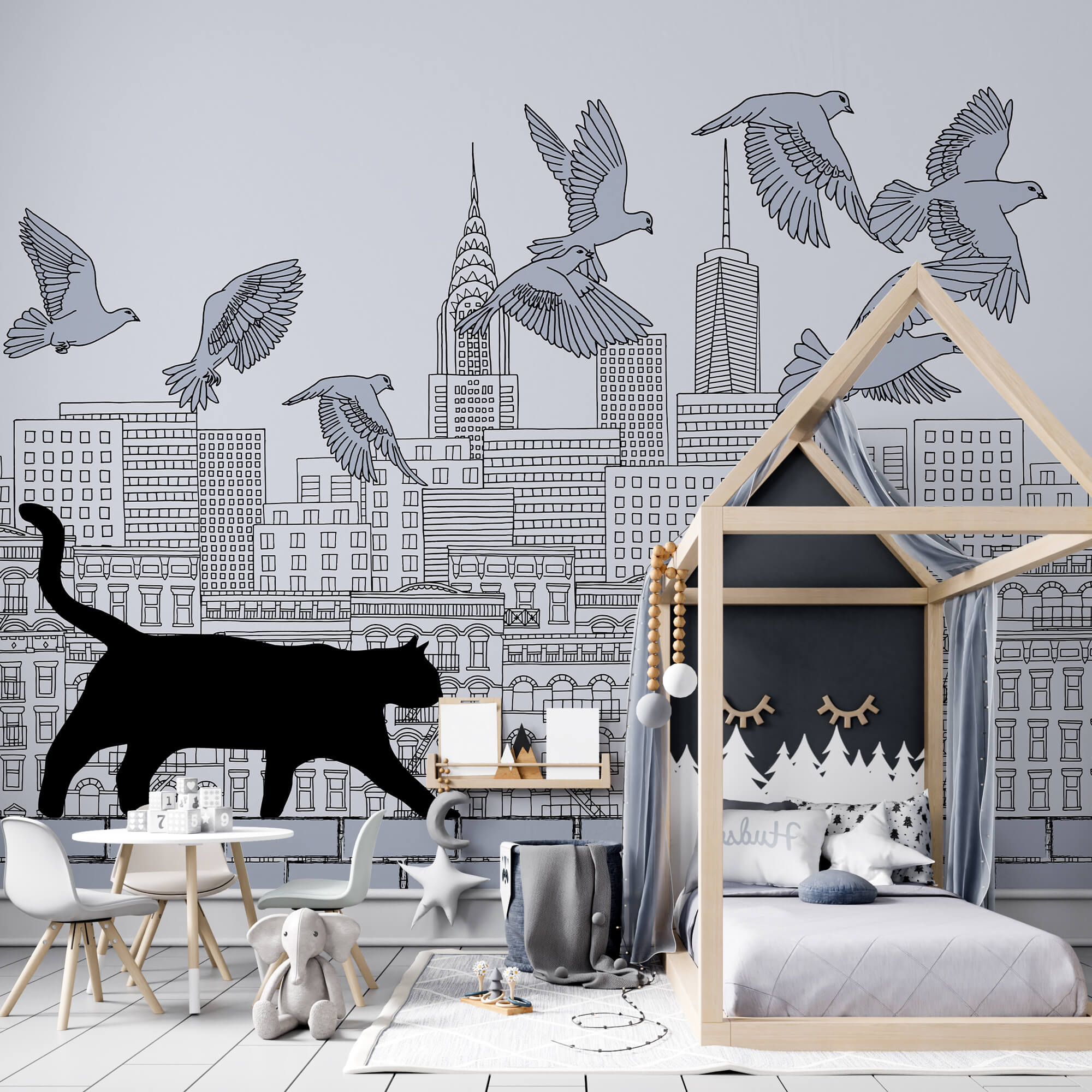 Cat walking on a wall with birds flying in the sky Cat walking on a wall with birds flying in the sky