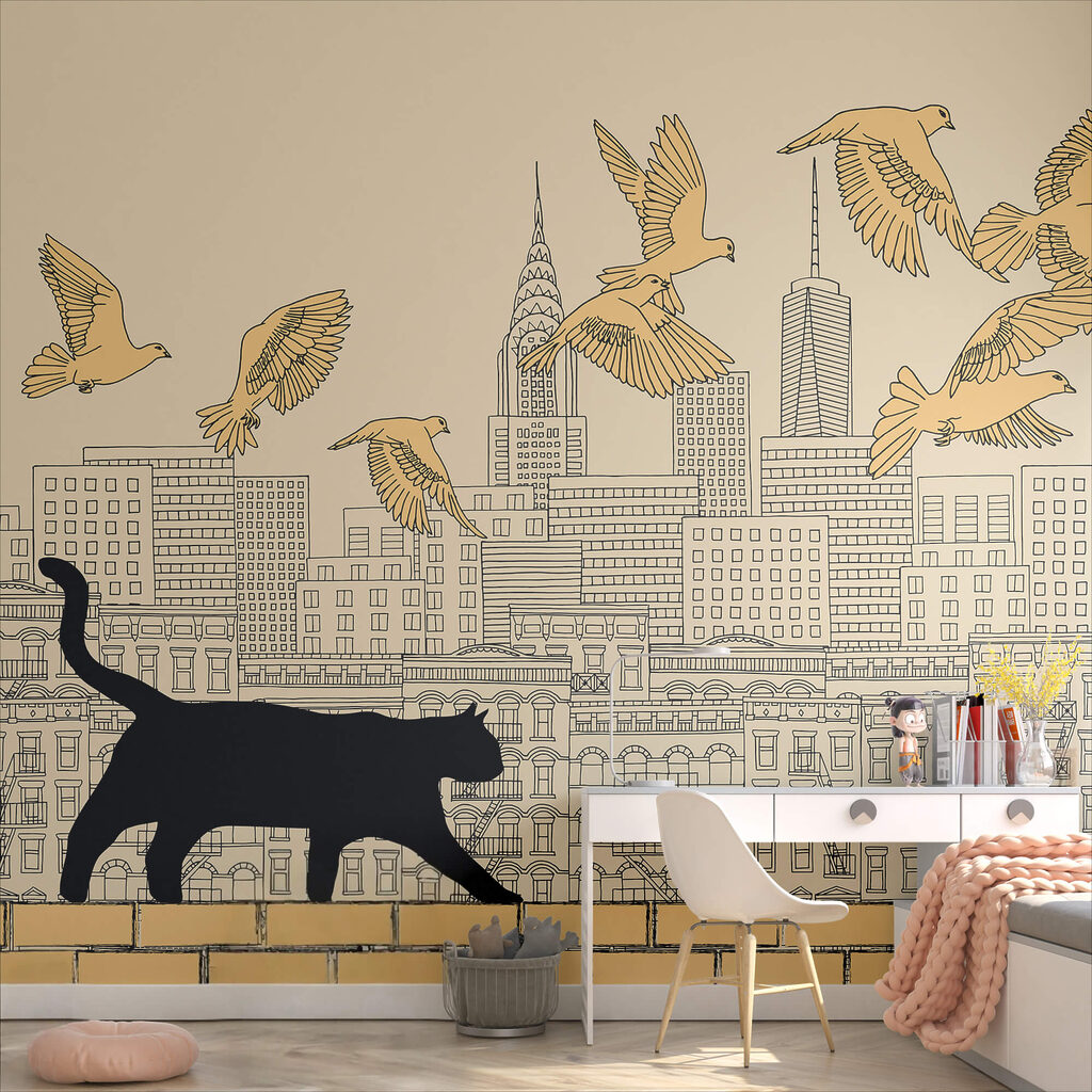 Cat walking on a wall with birds flying in the sky Cat walking on a wall with birds flying in the sky