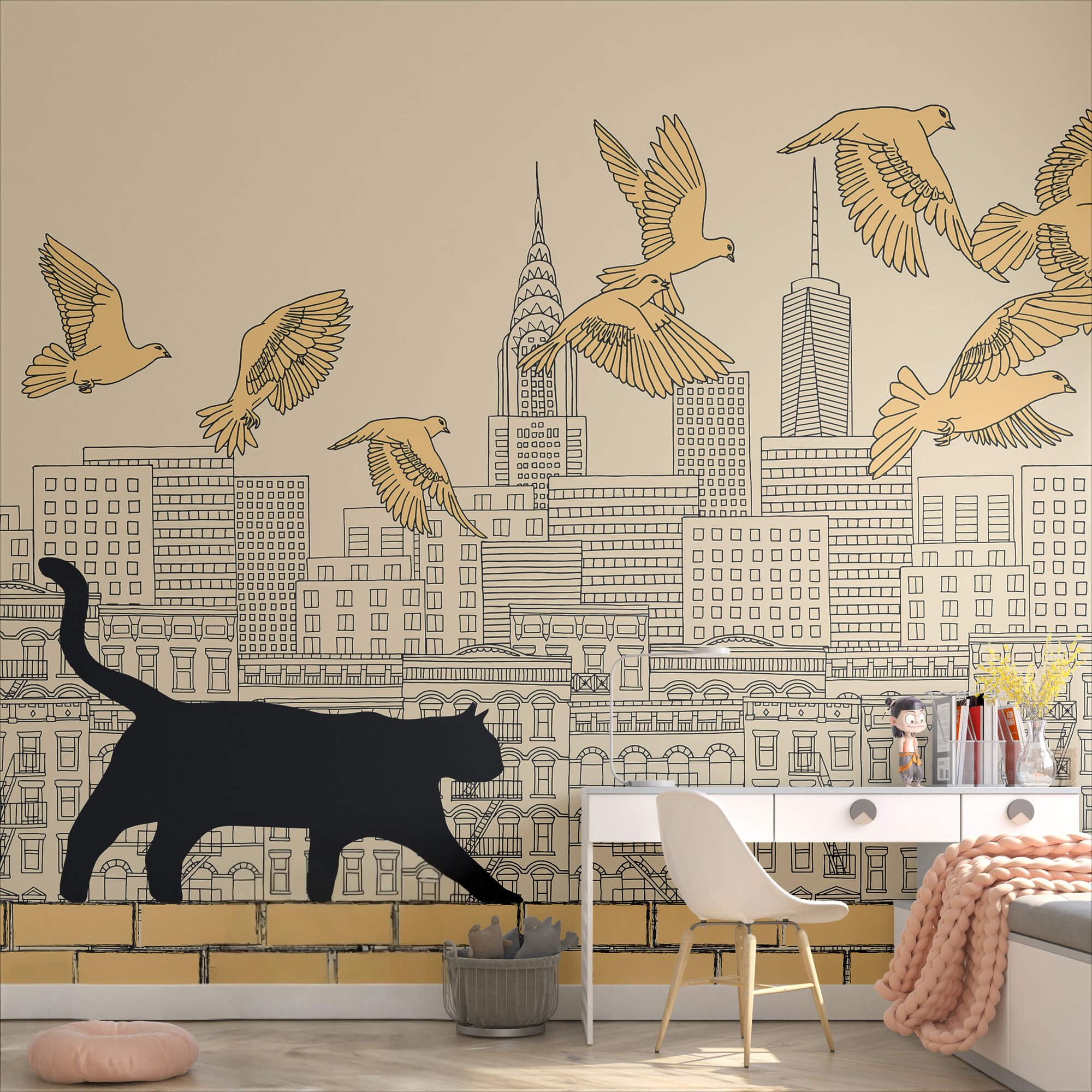 Cat walking on a wall with birds flying in the sky Cat walking on a wall with birds flying in the sky
