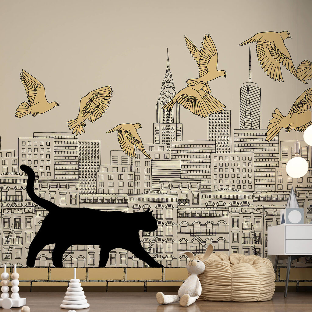 Cat walking on a wall with birds flying in the sky Cat walking on a wall with birds flying in the sky