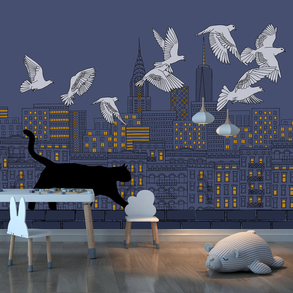Cat walking on a wall with birds flying in the sky