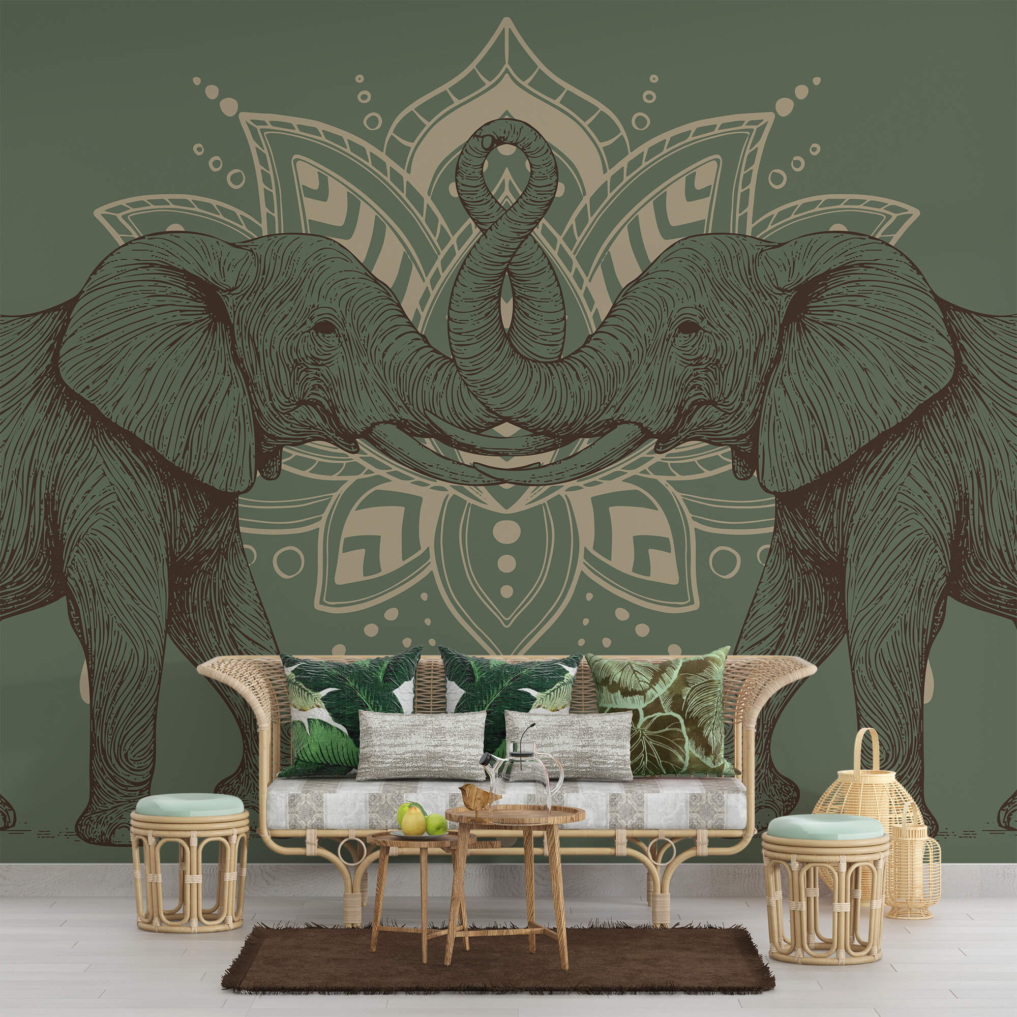 Two elephants with their trunks touching each other