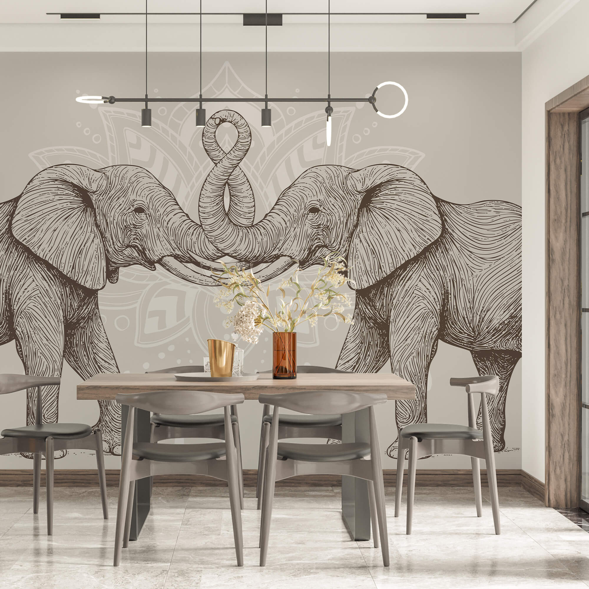 Two elephants with their trunks curled up