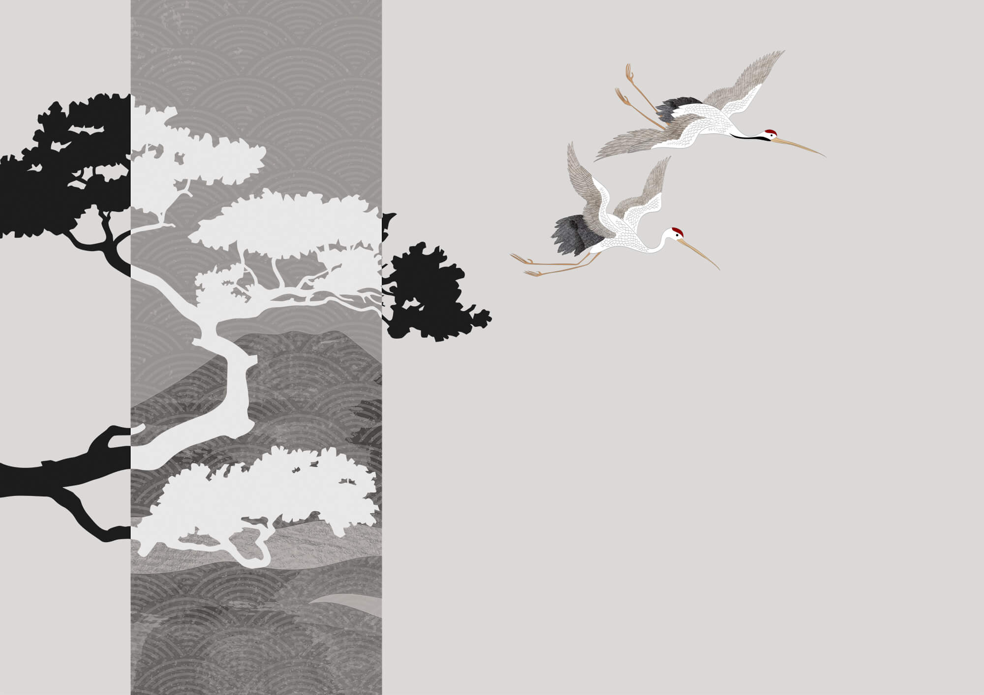 Couple of cranes flying next to a tree Couple of cranes flying next to a tree