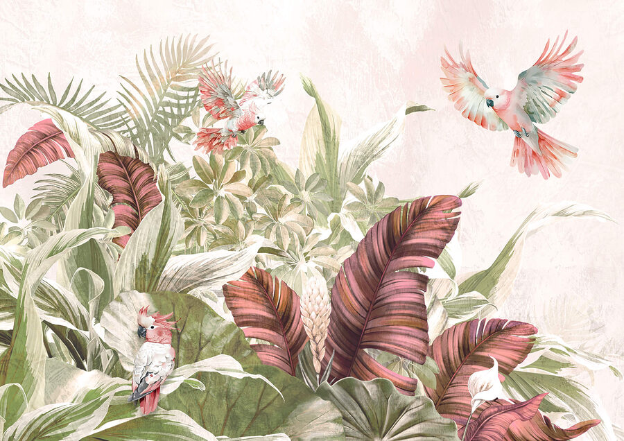 Painting of birds flying over a plant