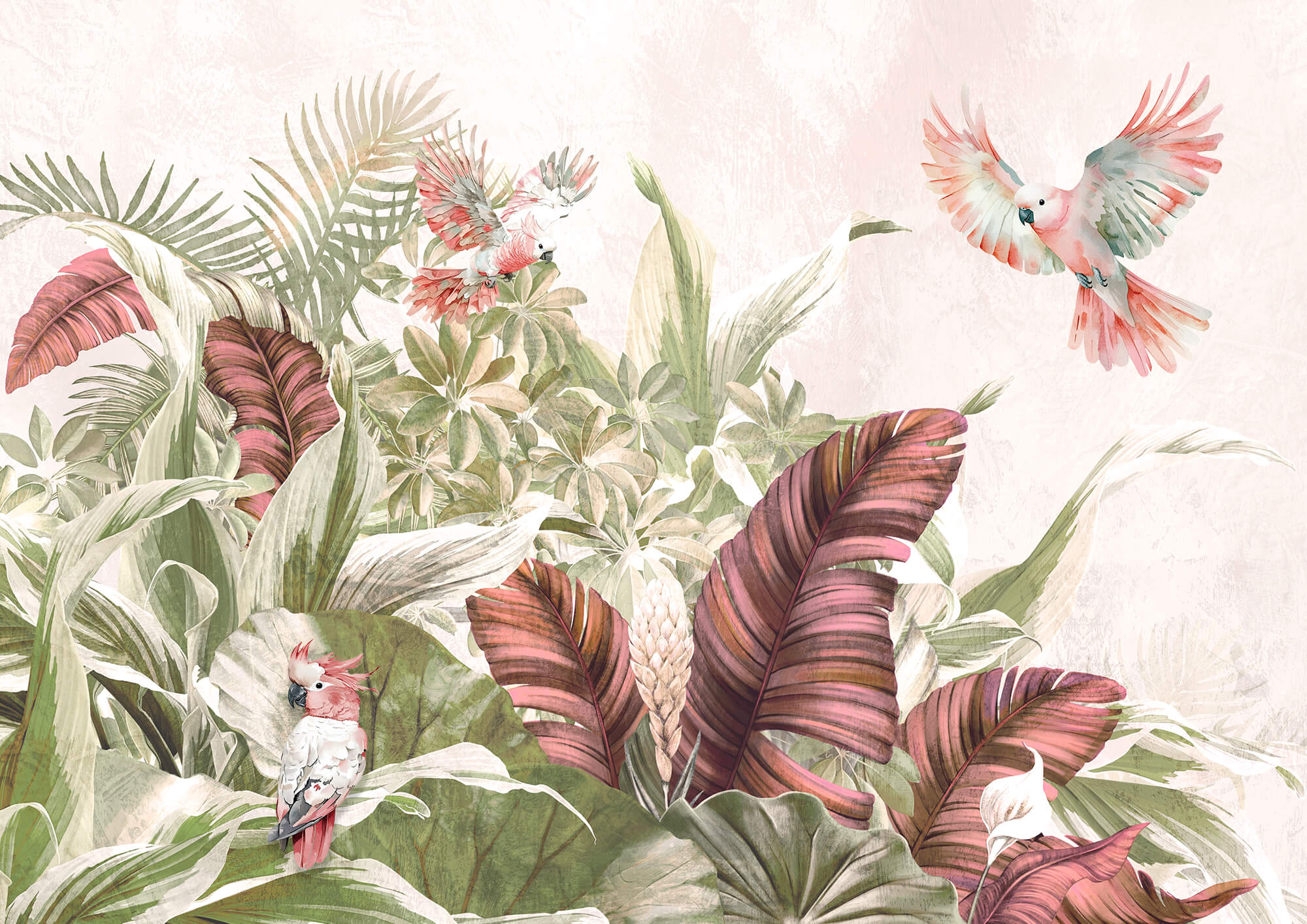 Painting of birds flying over a plant