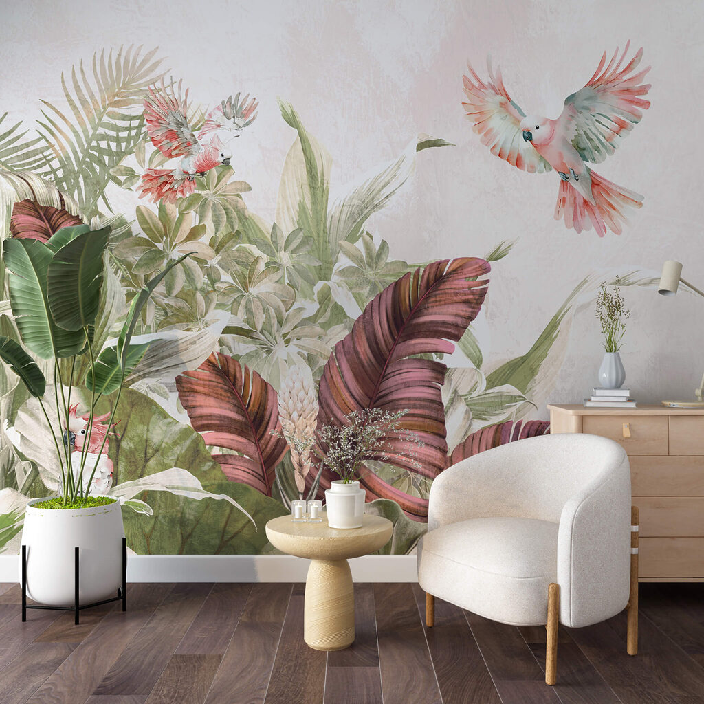 Painting of birds flying over a plant