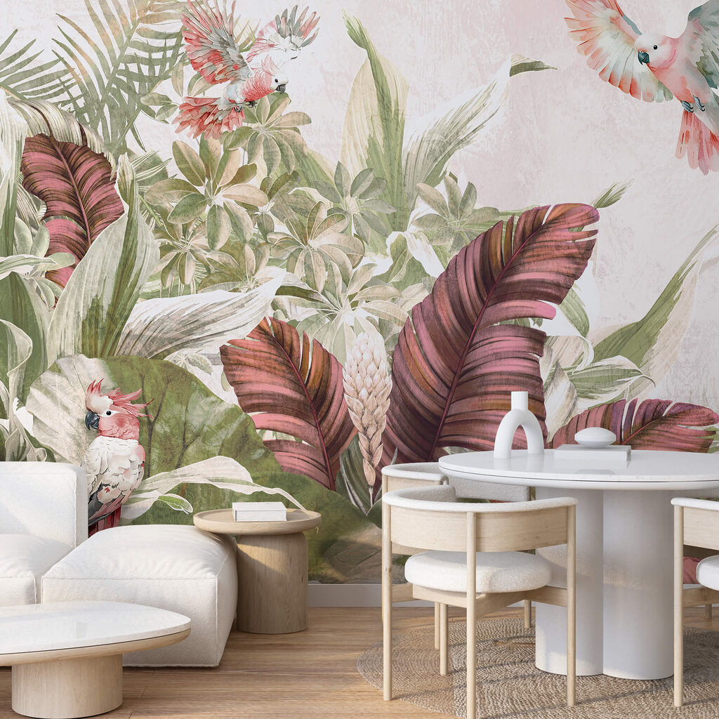 Painting of birds flying over a plant