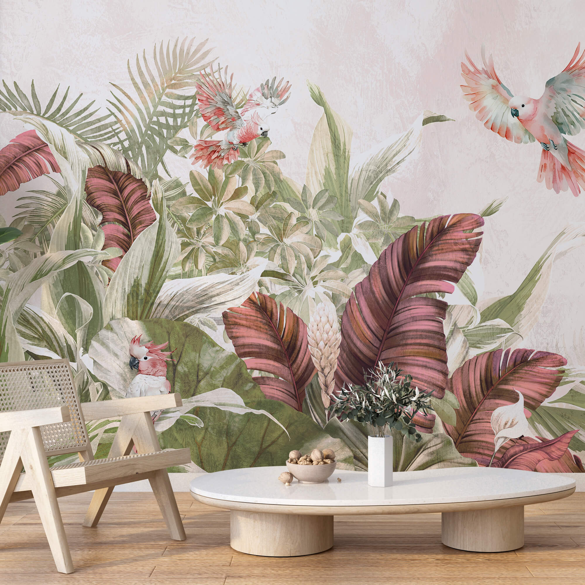 Painting of birds flying over a plant