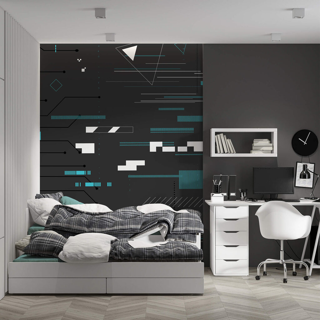 Black background with many lines and dots Black background with many lines and dots