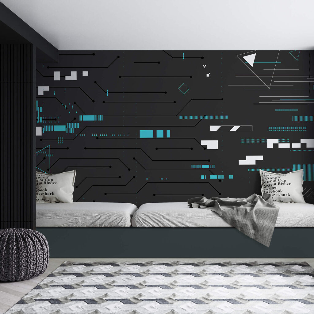 Black background with many lines and dots Black background with many lines and dots