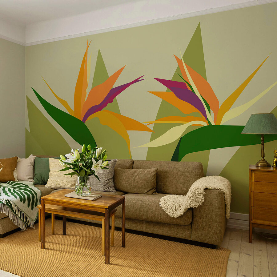 Wall murals Colorful flowers on green stems
