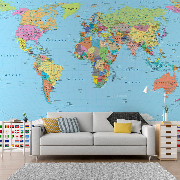 Map of the world with different flags Wall murals Map of the world with different flags