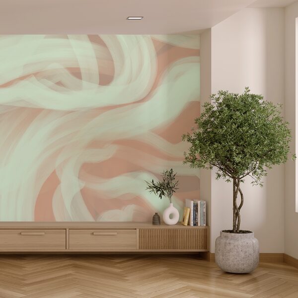 White and green swirls on a pink background White and green swirls on a pink background