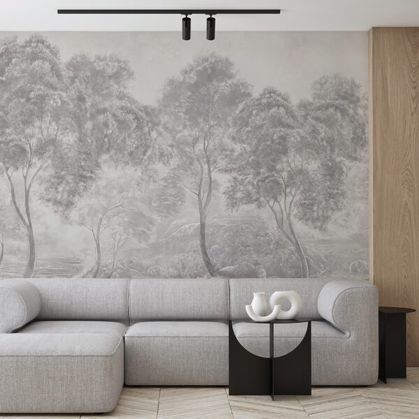 Group of trees in a foggy landscape Wall murals Group of trees in a foggy landscape