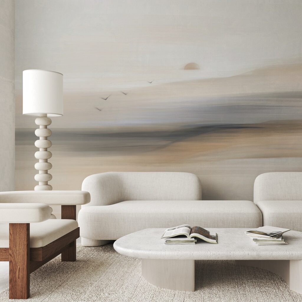 Mural of birds flying over a forest