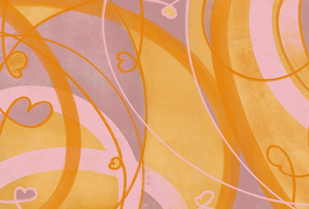 Yellow and pink swirls and hearts