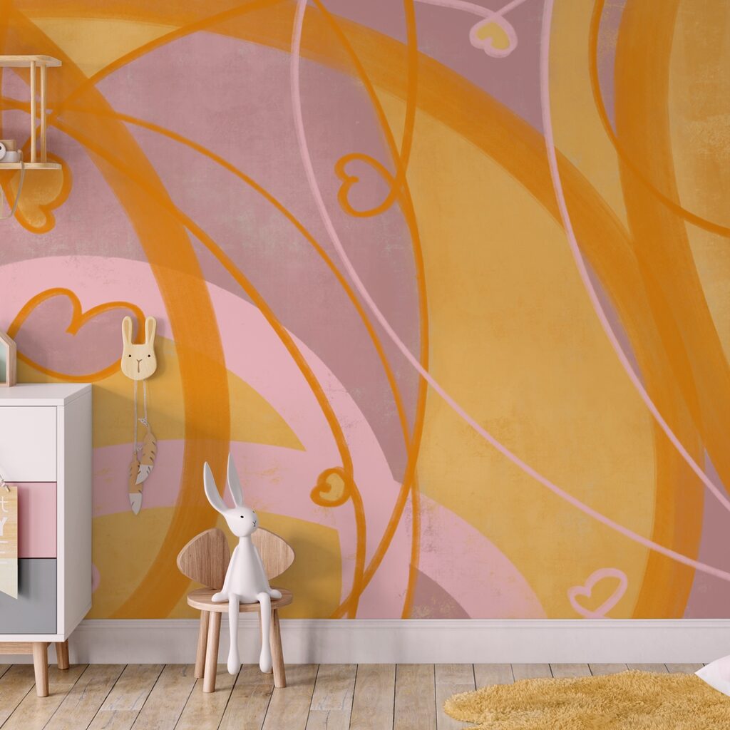 Yellow and pink swirls and hearts