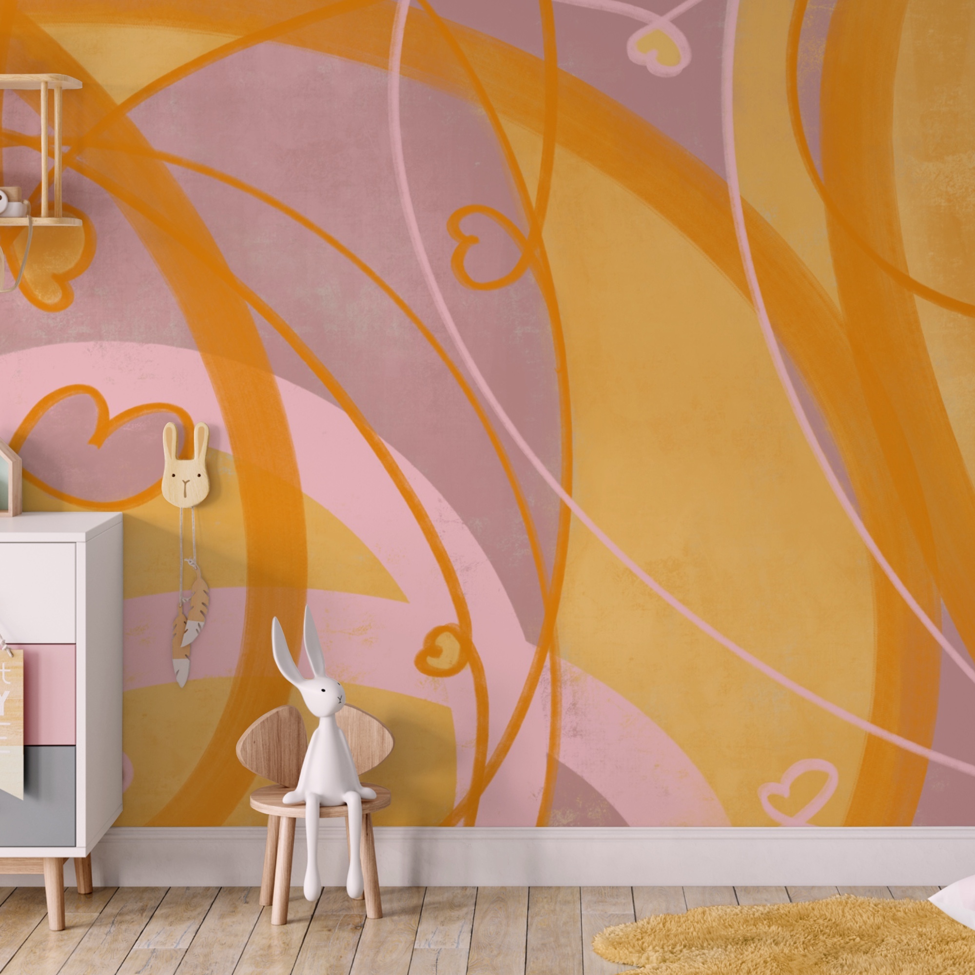 Yellow and pink swirls and hearts