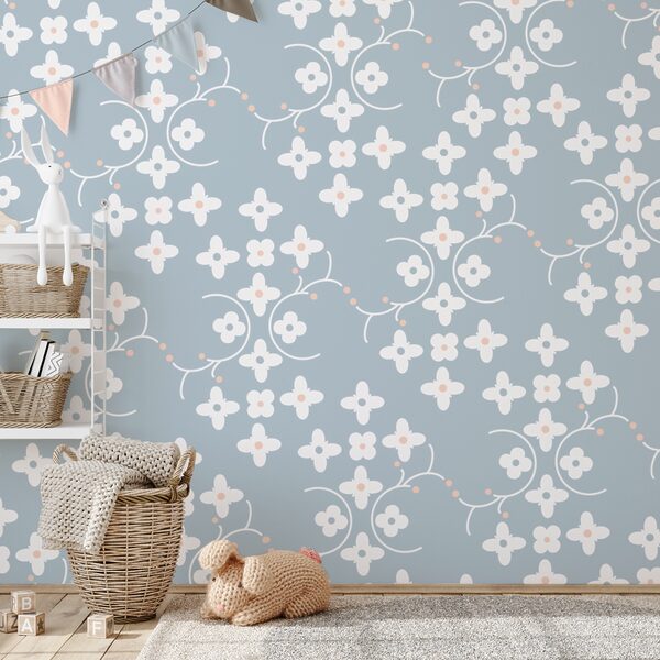 Pattern of white flowers and pink dots on a blue background Wall murals Pattern of white flowers and pink dots on a blue background