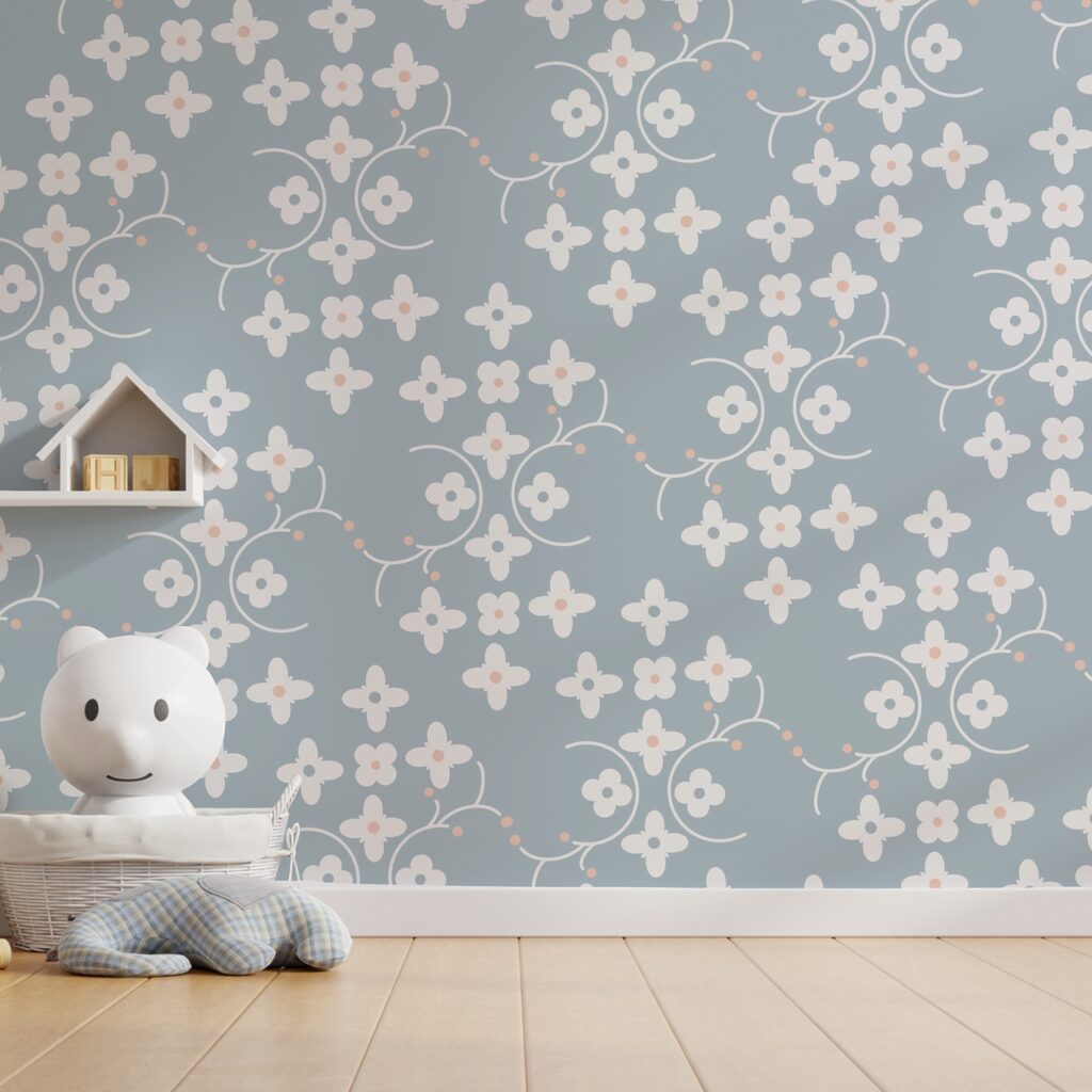 Pattern of white flowers and pink dots on a blue background