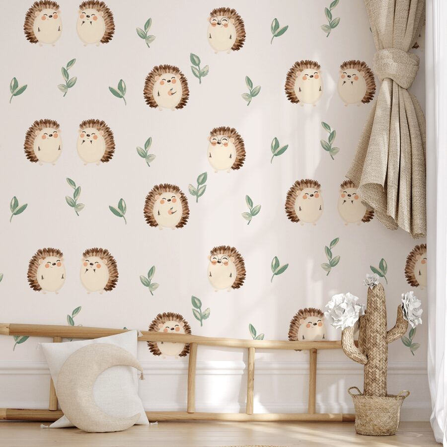 Wall murals Pattern of hedgehogs and leaves Wall murals Pattern of hedgehogs and leaves