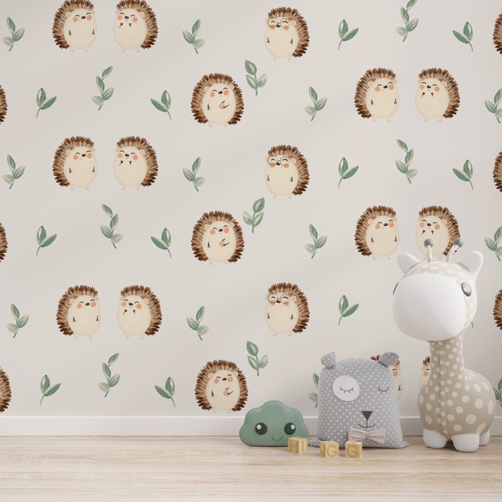 Pattern of hedgehogs and leaves