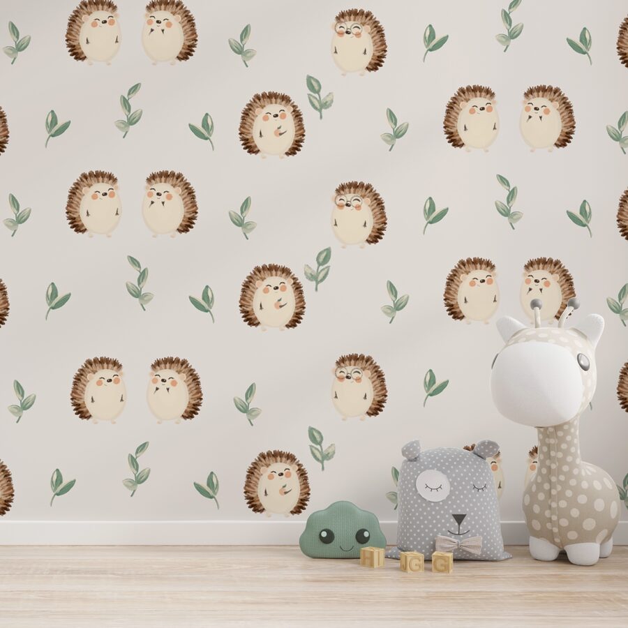 Wall murals Pattern of hedgehogs and leaves Wall murals Pattern of hedgehogs and leaves