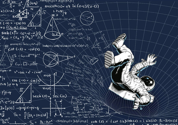 Man in space suit falling on a board with math equations