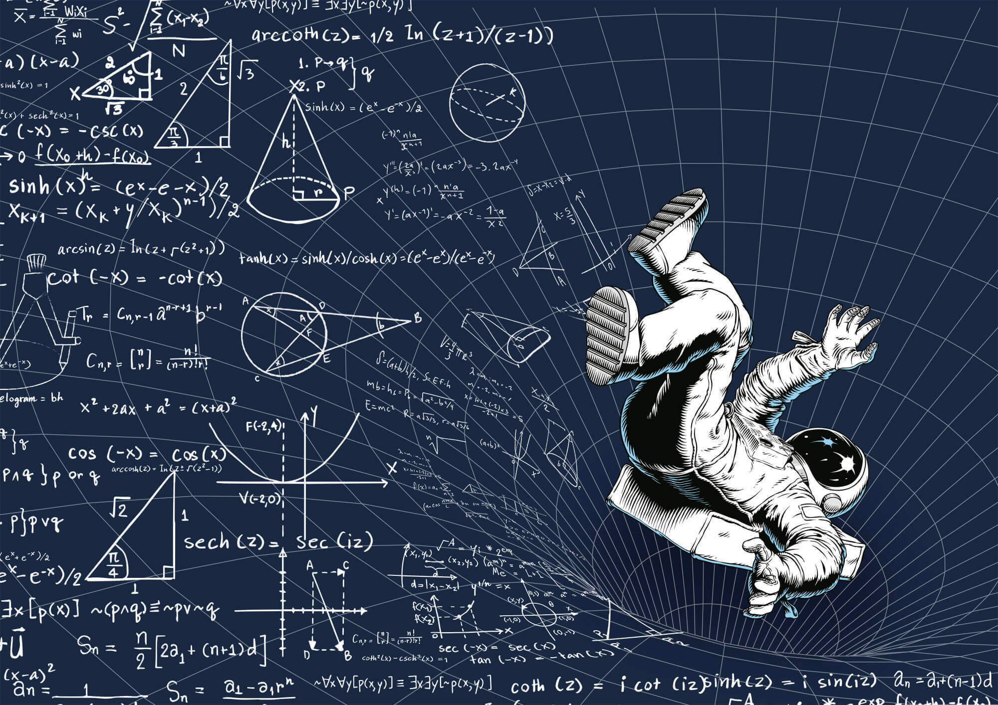 Man in space suit falling on a board with math equations