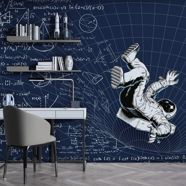 Man in space suit falling on a board with math equations