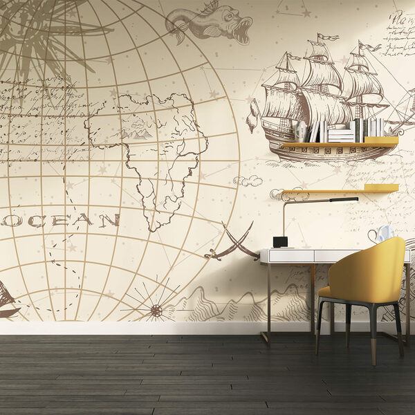 Map of the world and a ship Wall murals Map of the world and a ship