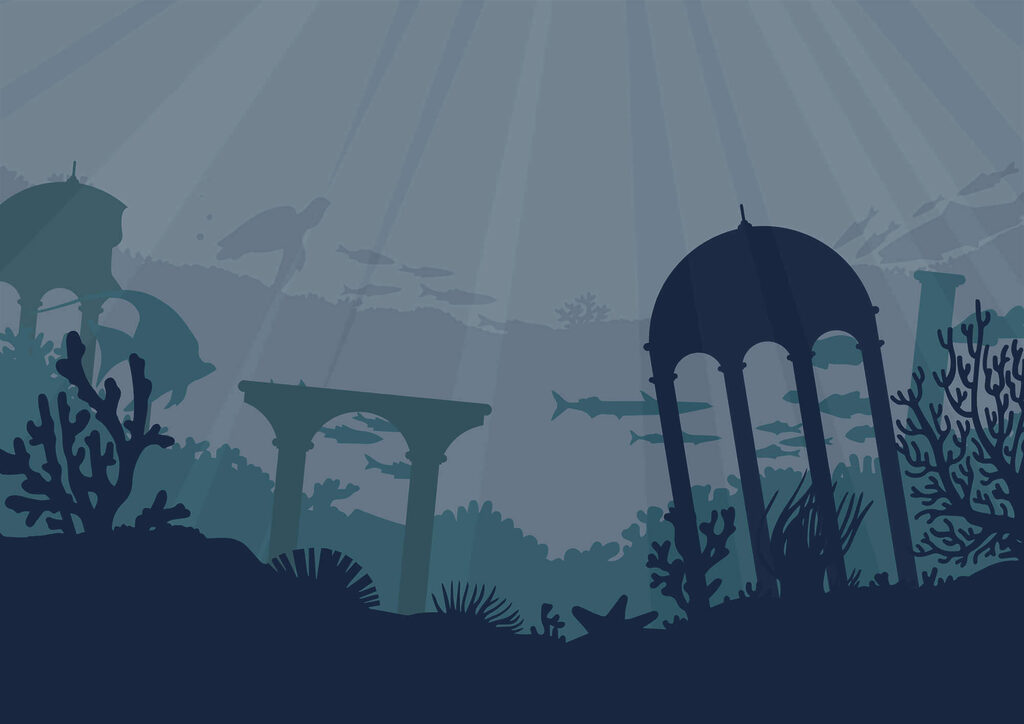 Silhouette of a building and sea plants