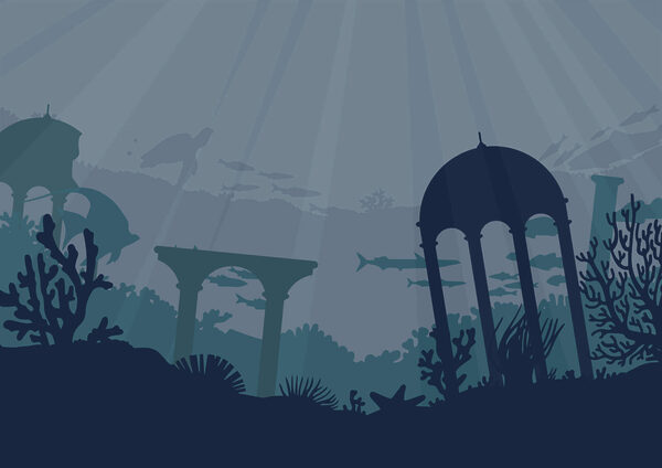 Silhouette of a building and sea plants