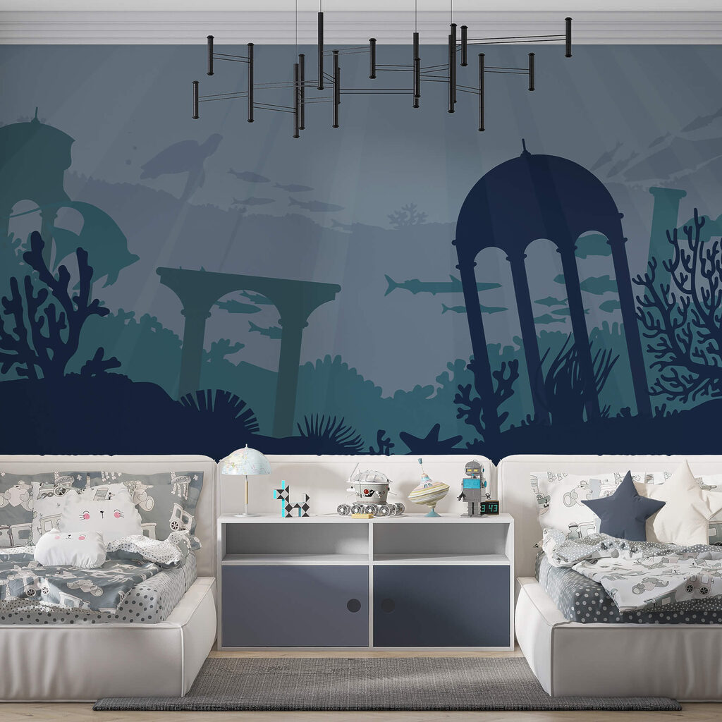 Silhouette of a building and sea plants