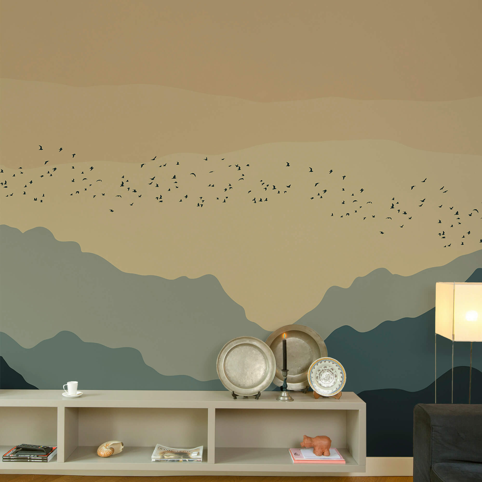 Group of birds flying over mountains Group of birds flying over mountains