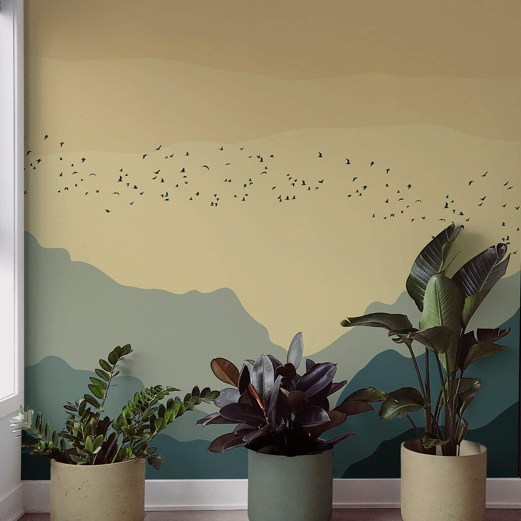 Group of birds flying over mountains Group of birds flying over mountains