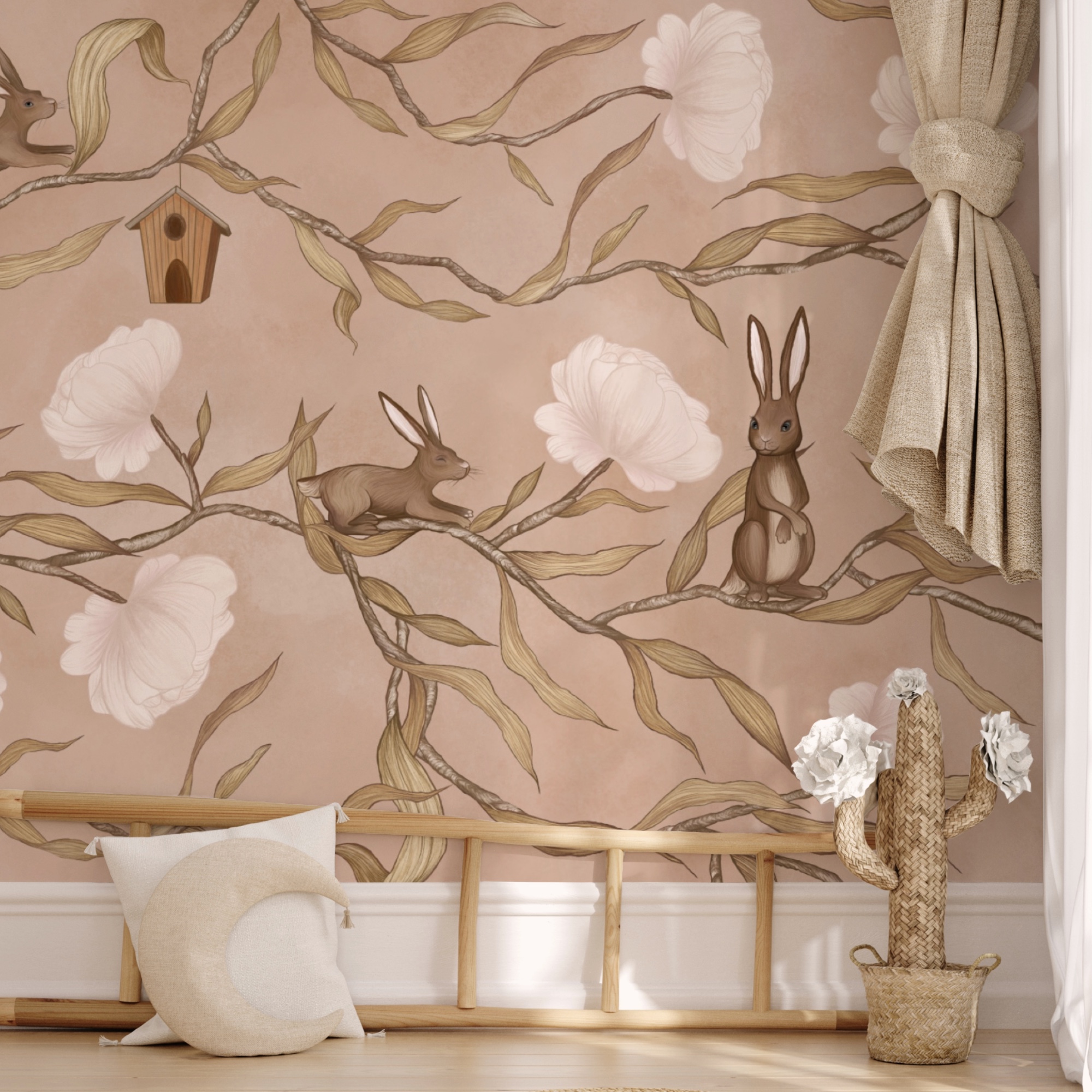 Wallpaper with rabbits and flowers