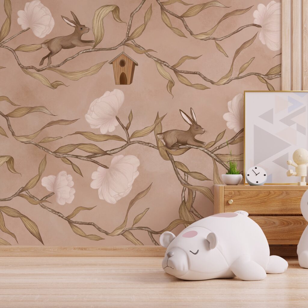Wallpaper with rabbits and flowers