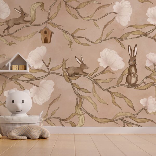 Wallpaper with rabbits and flowers Wallpaper with rabbits and flowers
