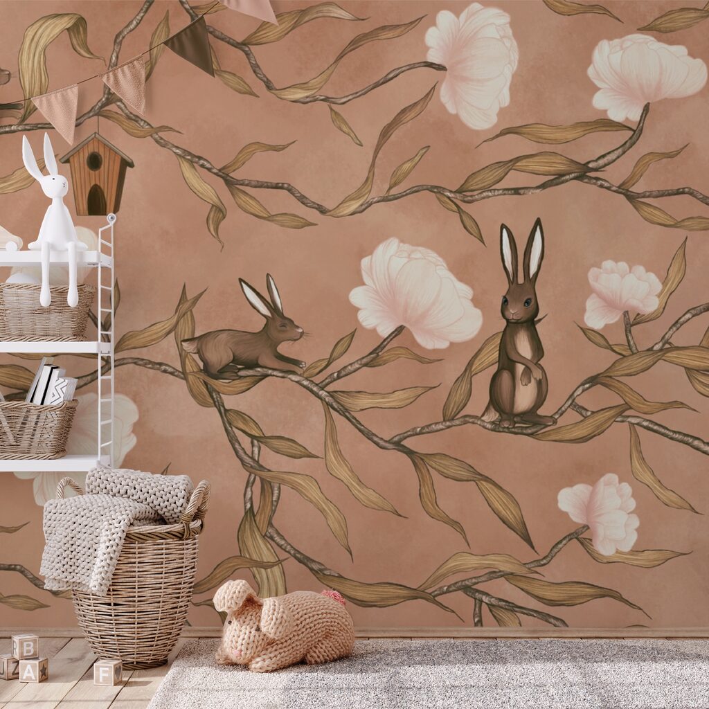 Wallpaper with rabbits and flowers