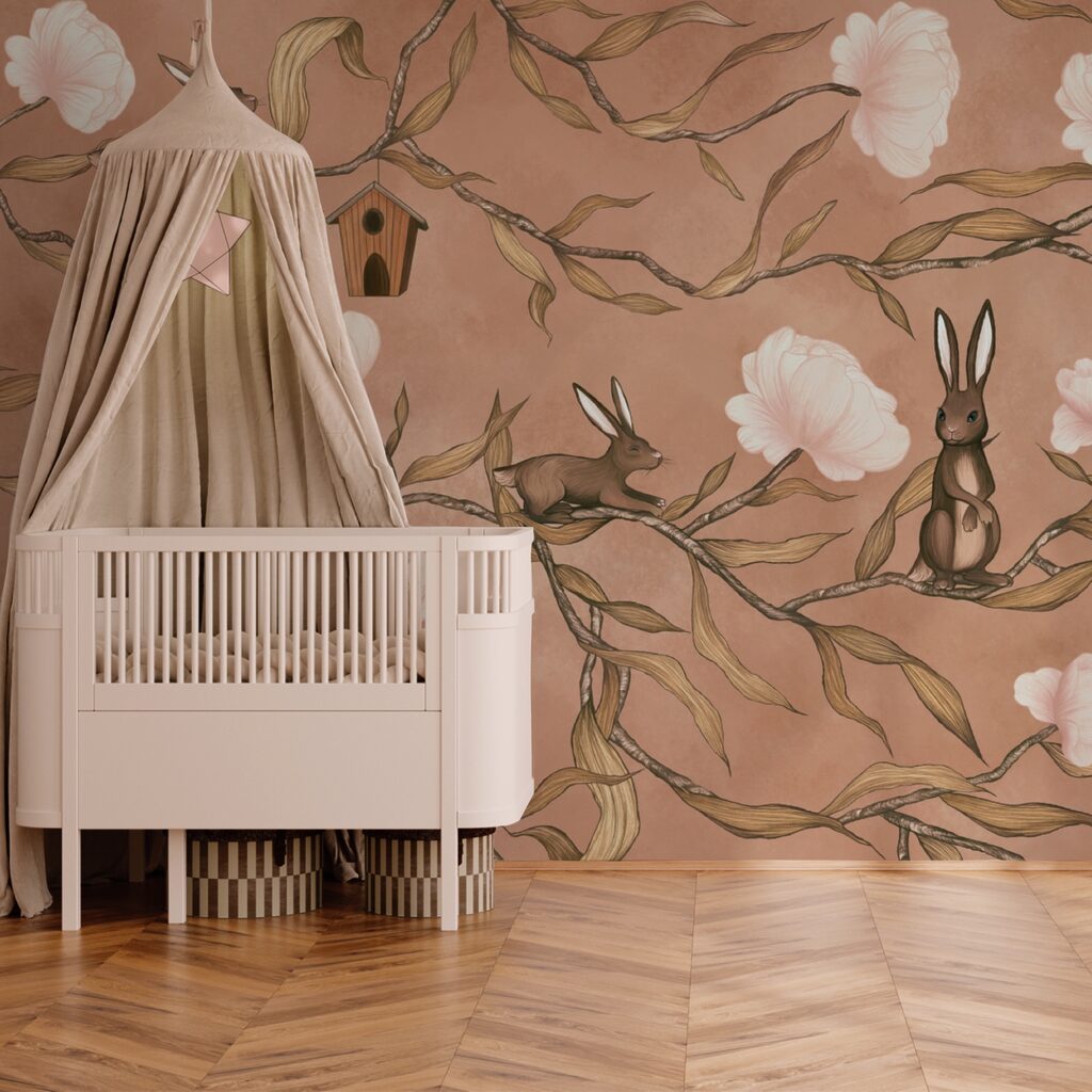 Wallpaper with rabbits and flowers